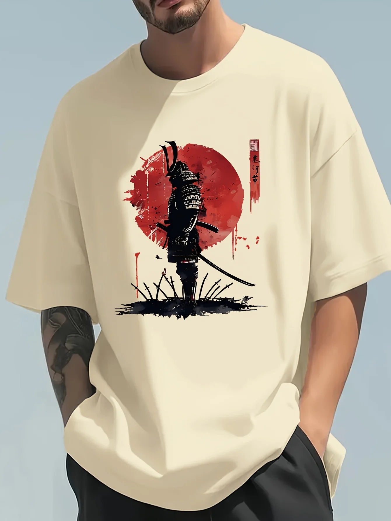 Men's 100% cotton Japanese Samurai Pattern T-shirt with a fashionable casual loose fit for summer.