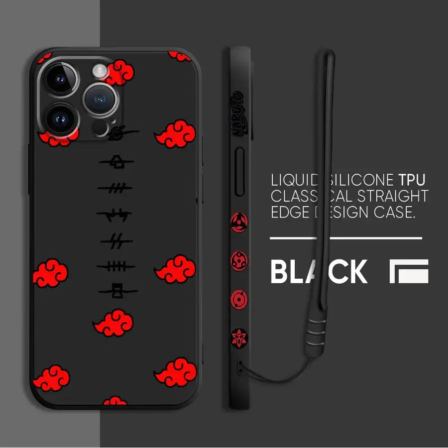 A black Akatsuki Cloud Phone Case featuring the red cloud symbol pattern, compatible with Apple iPhone 16, 15, 14 Pro Max, and 13.