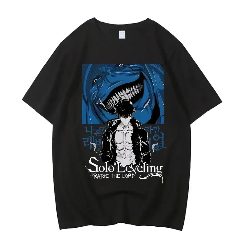 A high-quality Japanese Anime Solo Leveling T Shirt with a Sung Jinwoo cartoon graphic in a Harajuku short sleeve style.