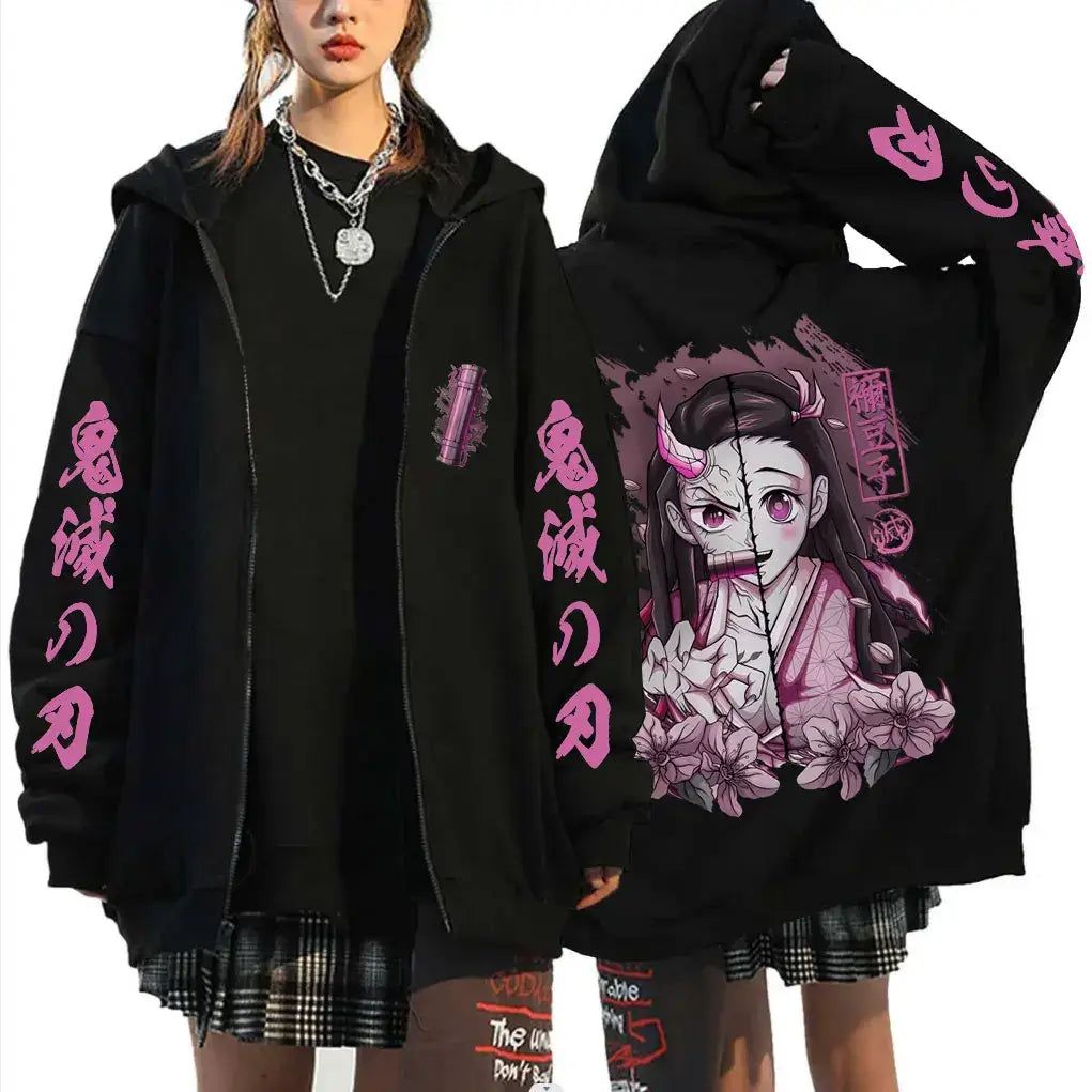 A casual oversized Anime Demon Slayer Kamado Nezuko Merch Zipper Hoodie jacket for men and women.
