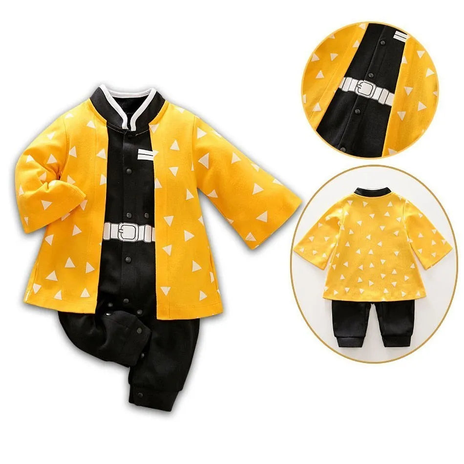 A newborn infant wearing one of the Anime Baby Rompers, a cosplay costume available in Akatsuki, Nezuko, and Tanjirou styles.