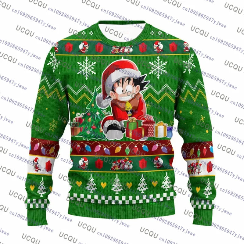 A festive Christmas Dragon Ball Hoodie featuring Goku and anime graphics, designed as an oversized autumn winter pullover for men and women.
