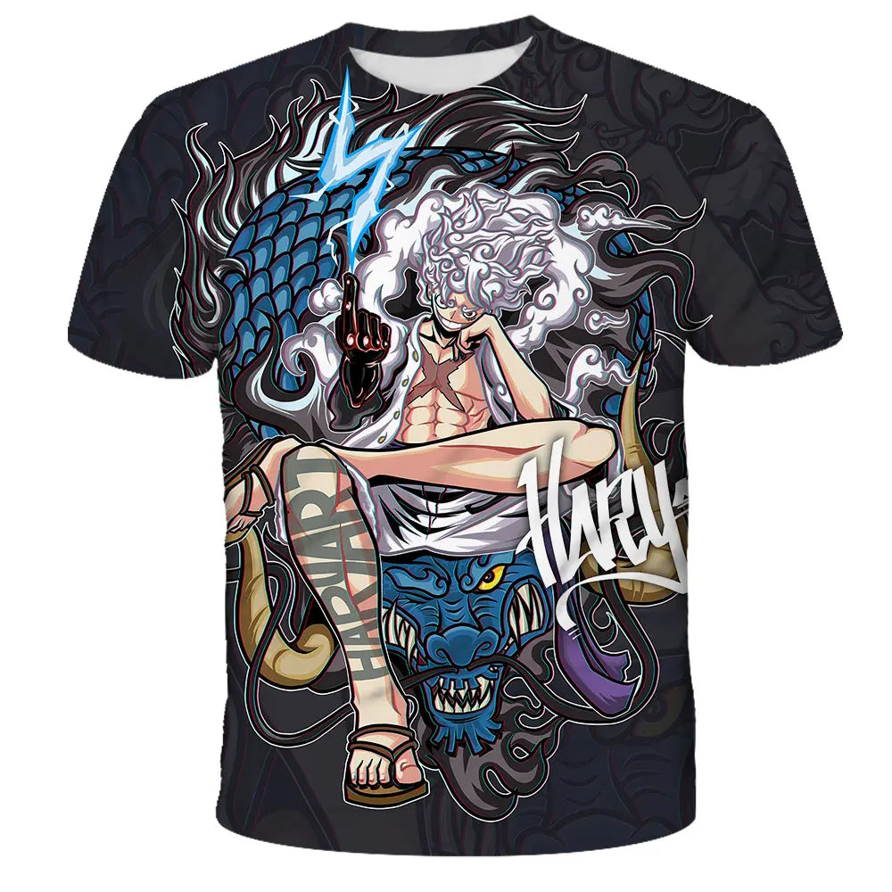 A loose-fit One Piece Luffy T-shirt featuring a cool cartoon Monkey D. Luffy graphic, designed for boys and men as casual anime streetwear.