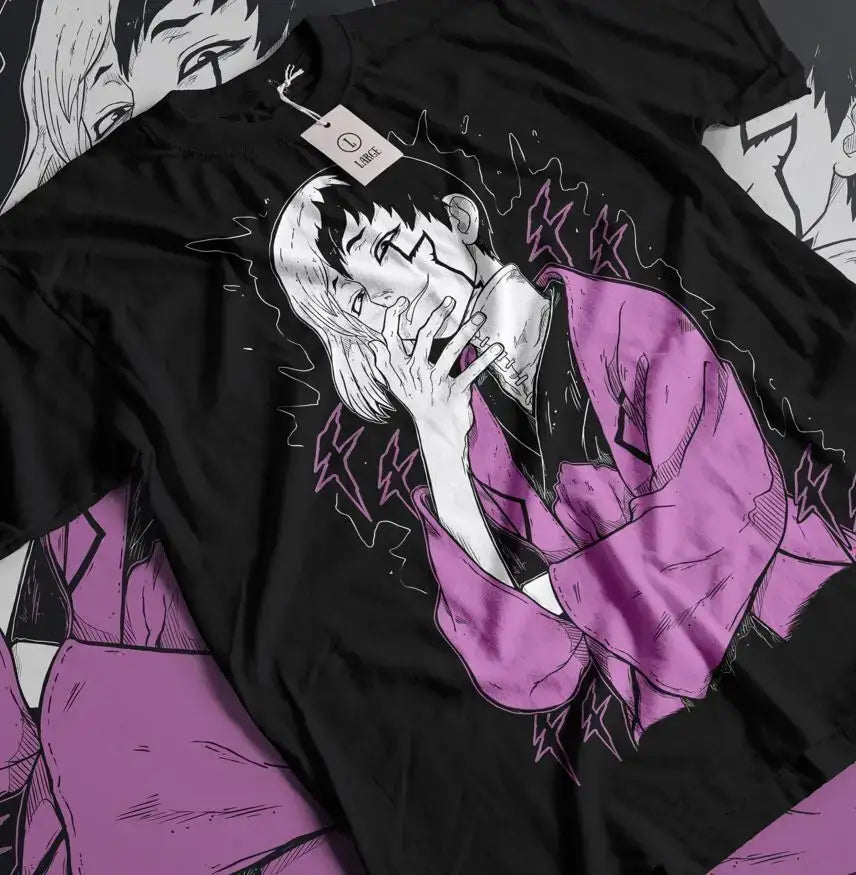 A black Gen Asagiri T-Shirt from Dr. Stone, featuring the character, a gift shirt available in all sizes.