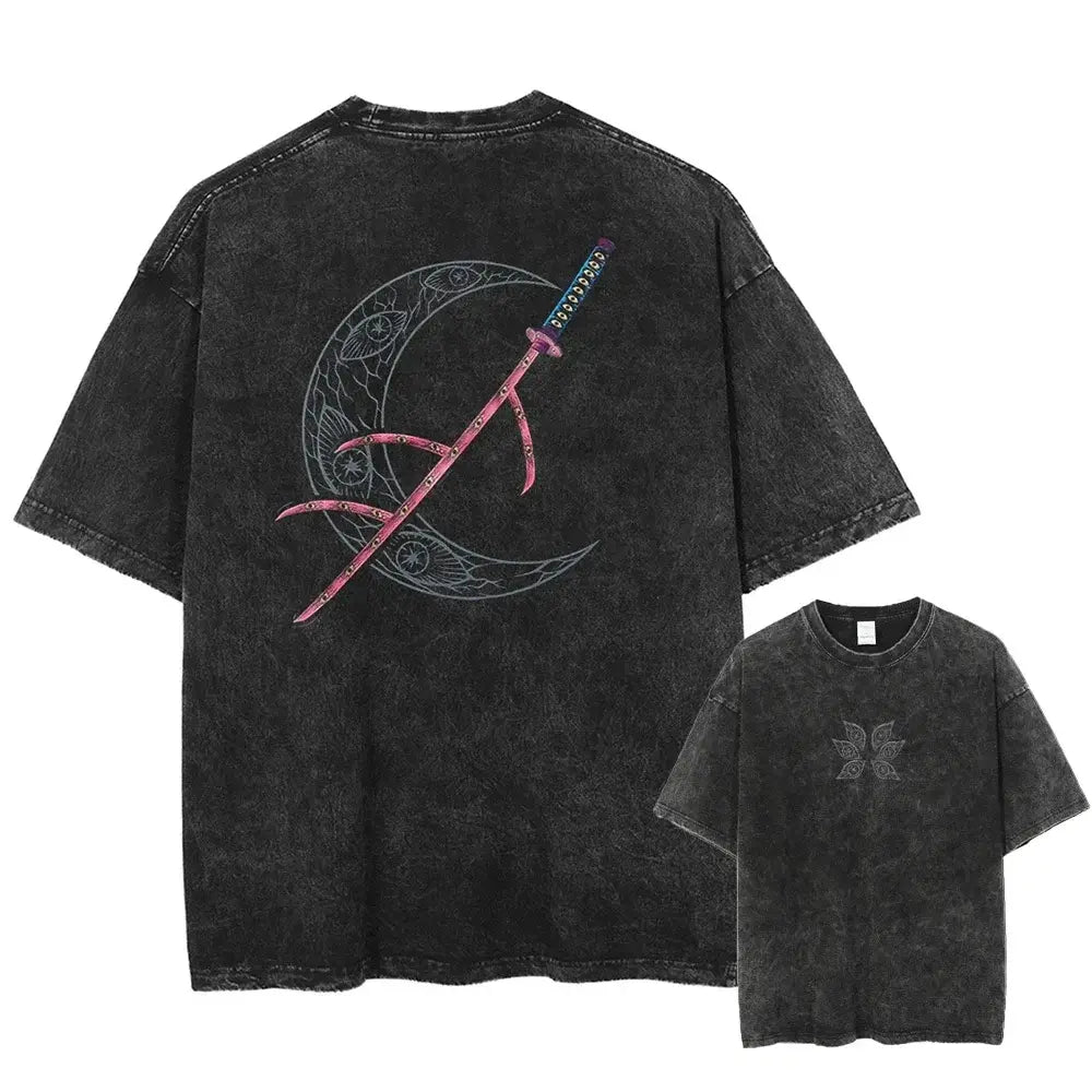 Men's vintage Demon Slayer Kokushibo T-shirt in a casual loose Harajuku style, made from washed cotton.