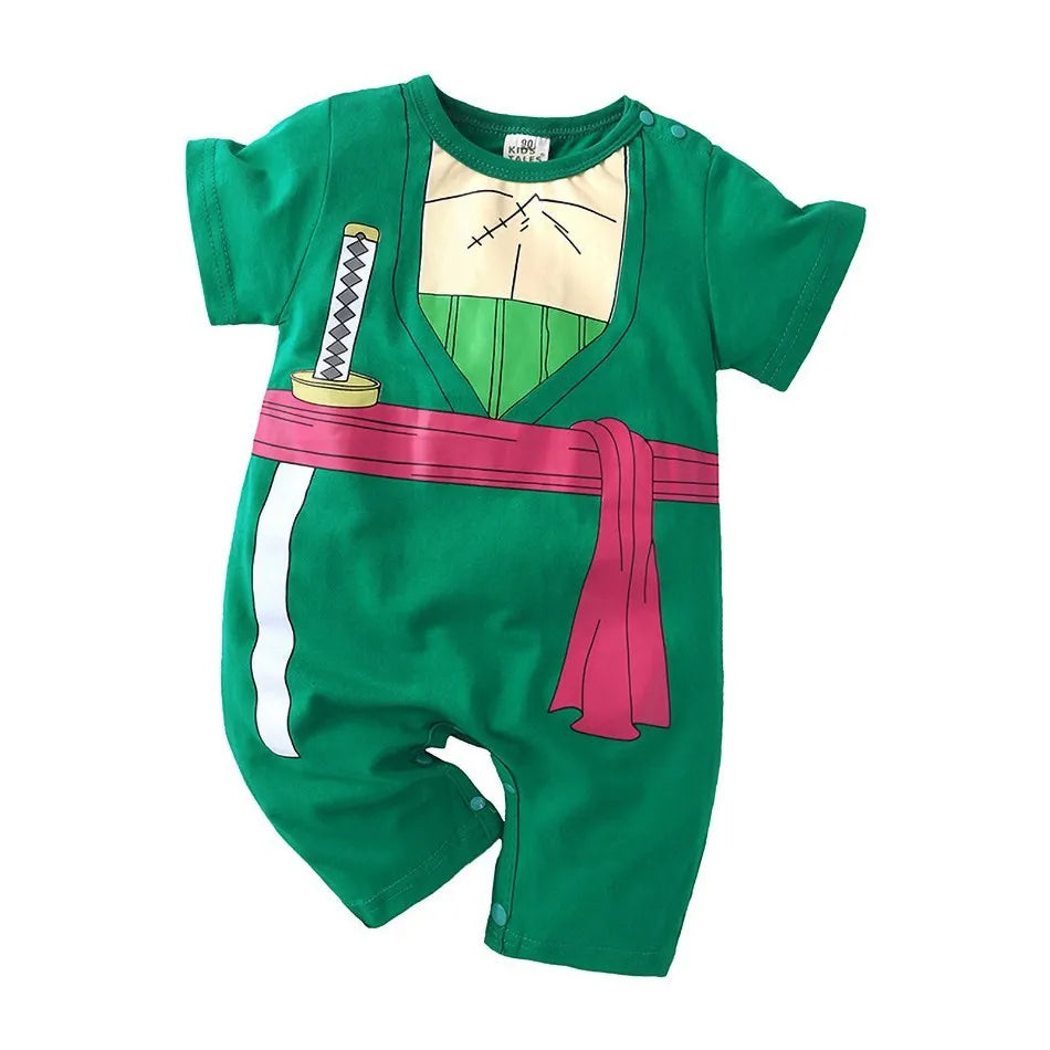 A newborn infant wearing the Baby Anime Costume, a cosplay jumpsuit available in Luffy, Akatsuki, and Vegeta styles.