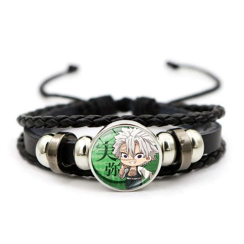 A woven leather Demon Slayer Bracelet featuring a glass art photo charm of Tanjiro Kamado and Nezuko, designed as an anime accessory for fans.