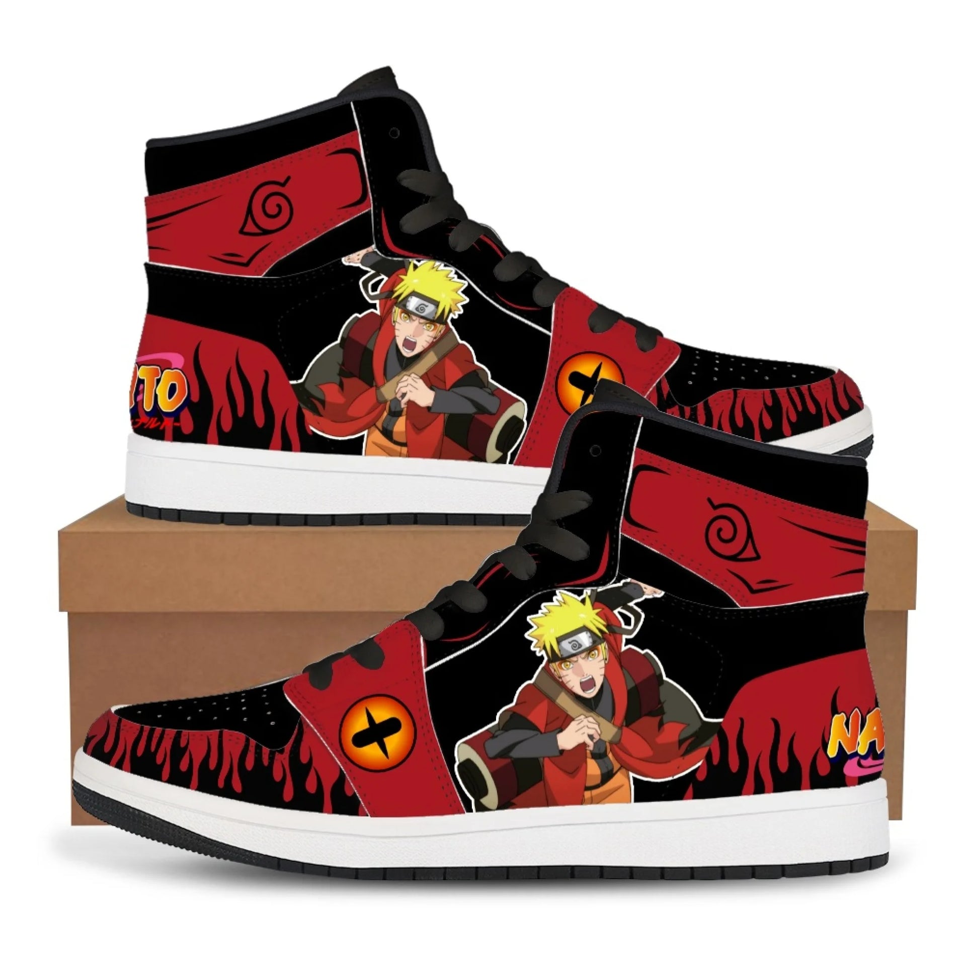 Trendy black Akatsuki High-Top Sneakers featuring the red cloud anime symbol, comfortable casual basketball shoes for men.