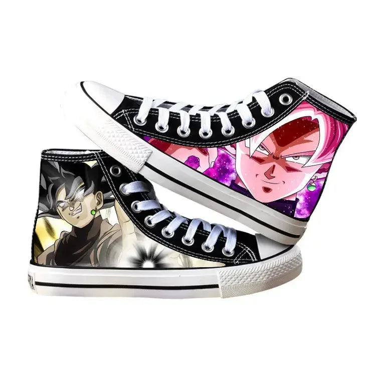 Trendy Dragon Ball High Top Canvas Shoes featuring Goku and Vegeta animation art, breathable flat sneakers for students and fans.