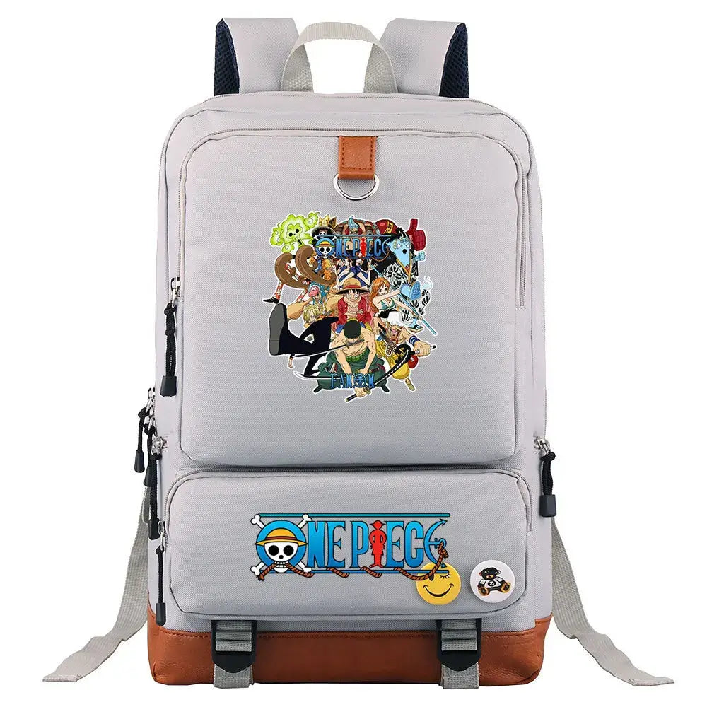 A large, unisex One Piece Luffy Printed Unisex Backpack suitable for school and travel, with compartments for a laptop and iPad.