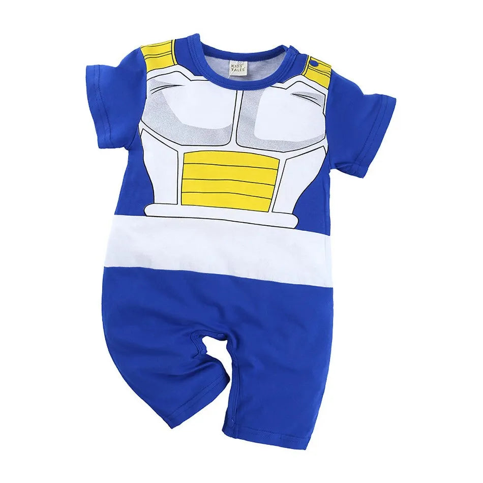 A newborn infant wearing the Baby Anime Costume, a cosplay jumpsuit available in Luffy, Akatsuki, and Vegeta styles.