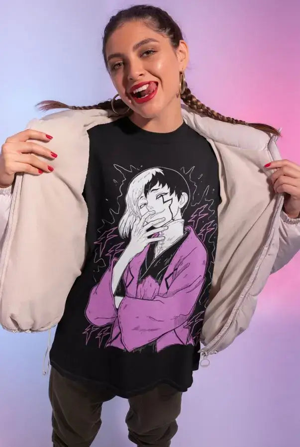 A black Gen Asagiri T-Shirt from Dr. Stone, featuring the character, a gift shirt available in all sizes.