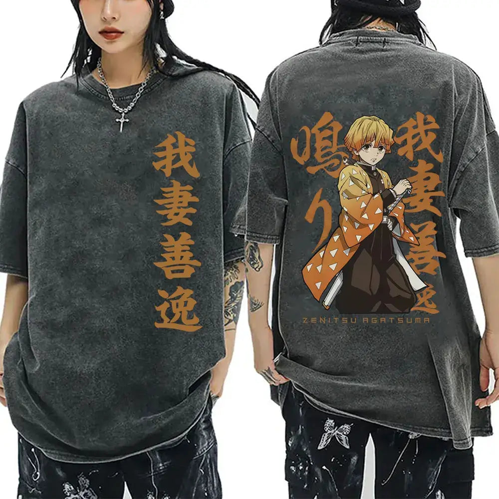 A vintage washed Demon Slayer Serpent Hashira Iguro Obanai T Shirt in a casual, oversized style for men and women.
