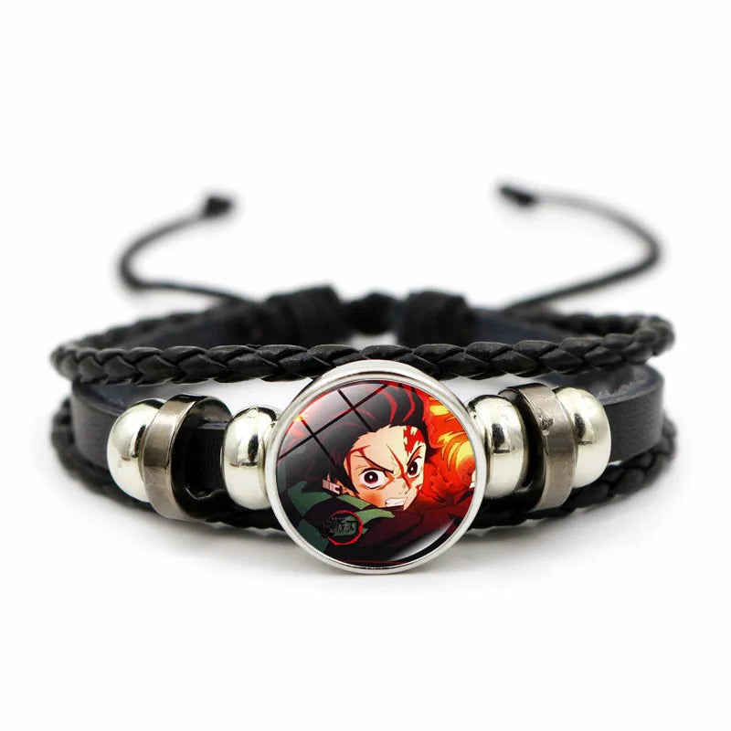 A woven leather Demon Slayer Bracelet featuring a glass art photo charm of Tanjiro Kamado and Nezuko, designed as an anime accessory for fans.
