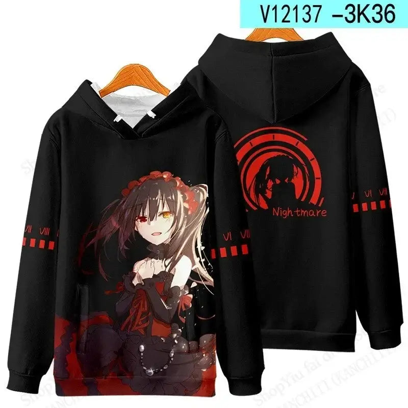 A unisex Anime Kurumi Tokisaki 3d Print Hoodie, designed as a fashion sweatshirt and sexy girl coat for men, women, and boys.
