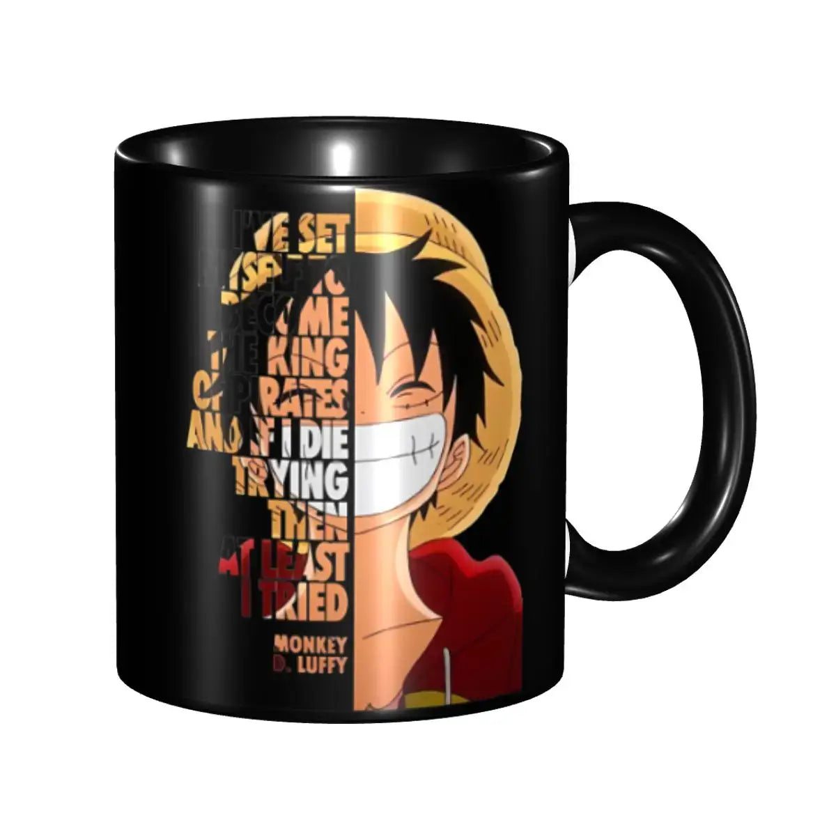 A ceramic Monkey D Luffy Quotes One Piece Mug featuring funny anime text and pirate character art, designed as a durable present for kids.