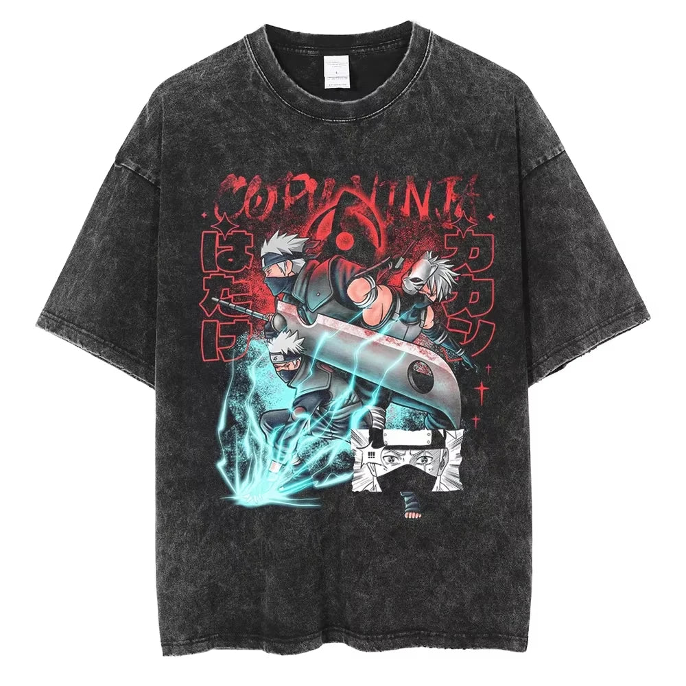 A washed black Naruto Vintage T-Shirt featuring a hip hop style anime print, designed as Harajuku streetwear for men and women.