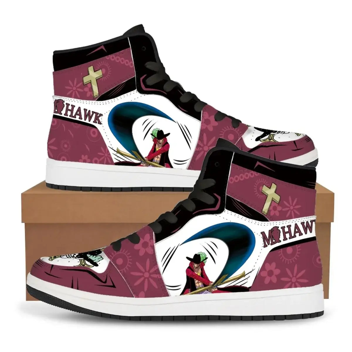 A pair of custom One Piece Basketball Shoes featuring anime designs of Luffy and Zoro, suitable as unisex sneakers.