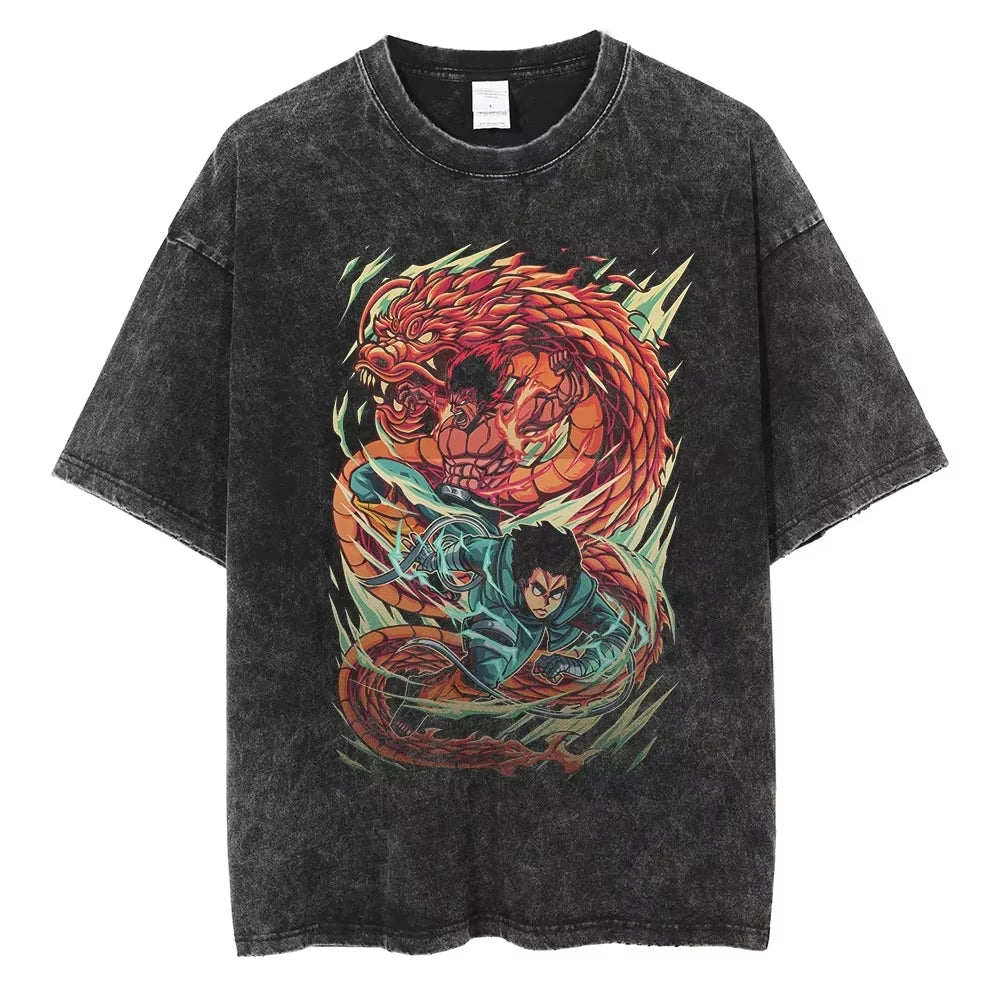 A washed black Naruto Vintage T-Shirt featuring a hip hop style anime print, designed as Harajuku streetwear for men and women.