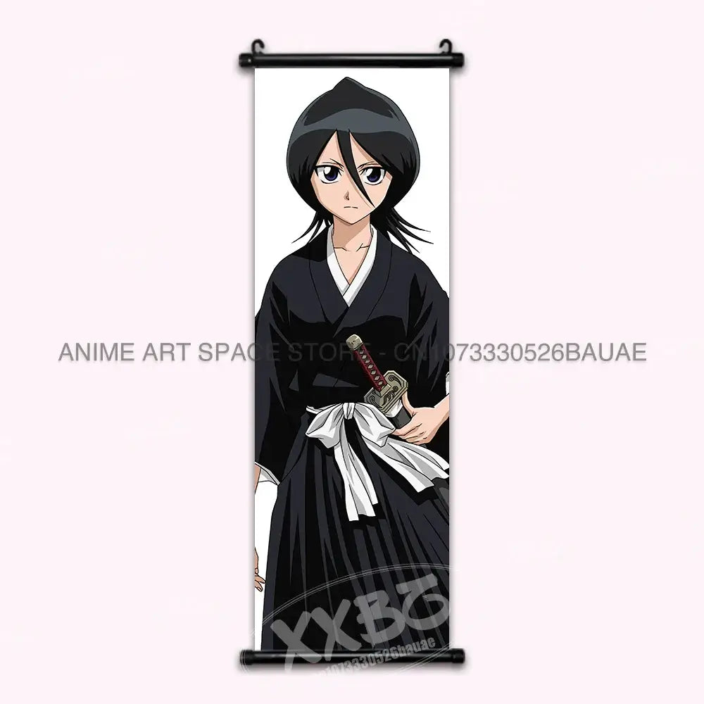 High-quality Bleach Anime Posters Japanese hanging scroll featuring Kurosaki Ichigo and Kuchiki Rukia printed on durable canvas for home decor.