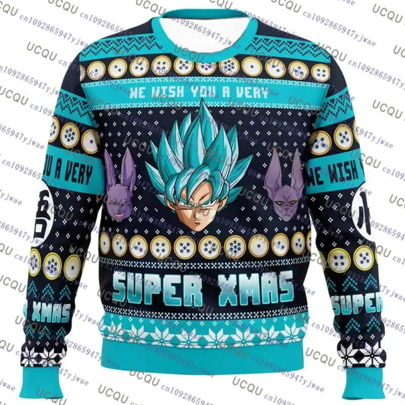 A festive Christmas Dragon Ball Hoodie featuring Goku and anime graphics, designed as an oversized autumn winter pullover for men and women.