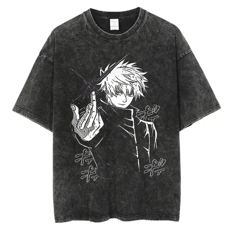 A vintage-style Anime Washed T-shirt made of 100% cotton, featuring an oversized Harajuku streetwear fit for men and women.