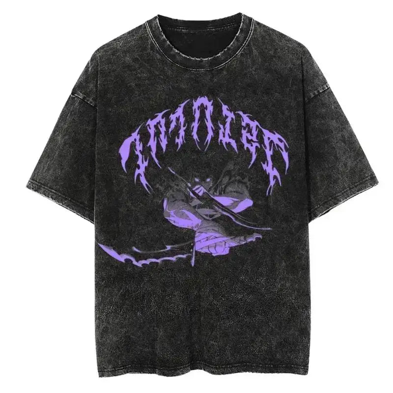 A hot unisex and plus size Solo Leveling Sung Jin-Woo Printed T Shirt in a washed cotton Harajuku style.