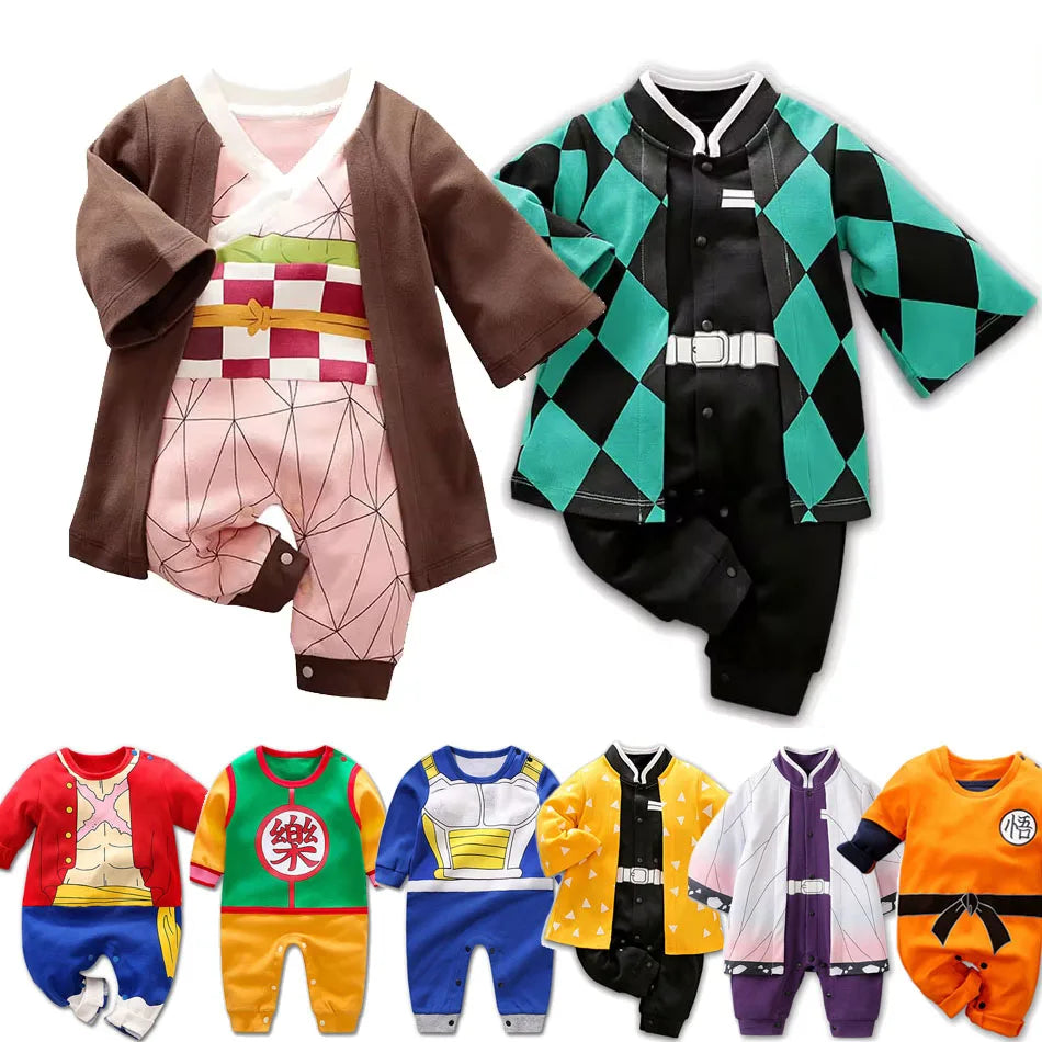A newborn infant wearing one of the Anime Baby Rompers, a cosplay costume available in Akatsuki, Nezuko, and Tanjirou styles.