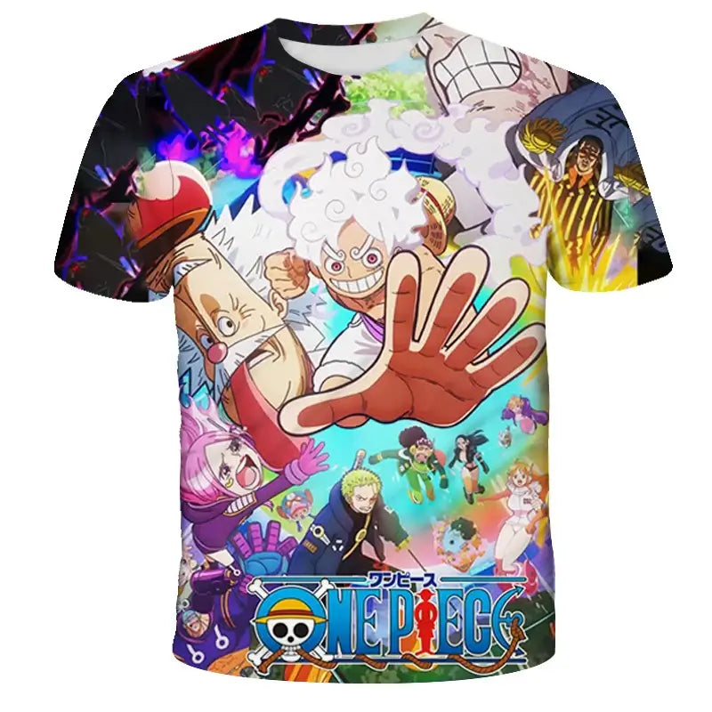 A black loose-fit One Piece Luffy T-shirt featuring a cartoon cosplay graphic of Monkey D. Luffy for men and boys.