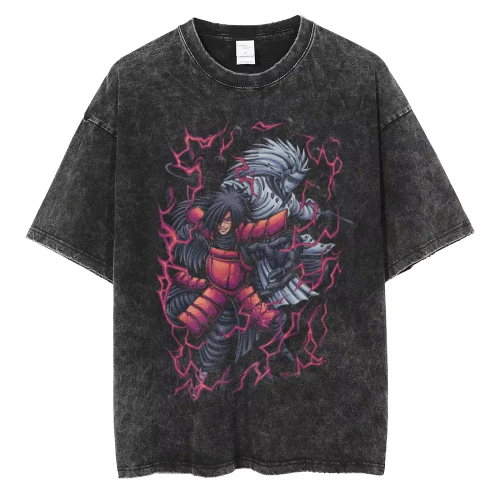 A washed black Naruto Vintage T-Shirt featuring a hip hop style anime print, designed as Harajuku streetwear for men and women.