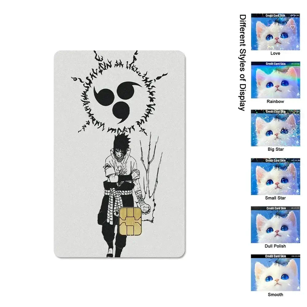 A waterproof Naruto Credit Card Skin PVC sticker featuring Uchiha Sasuke anime art applied to a standard debit bank card.