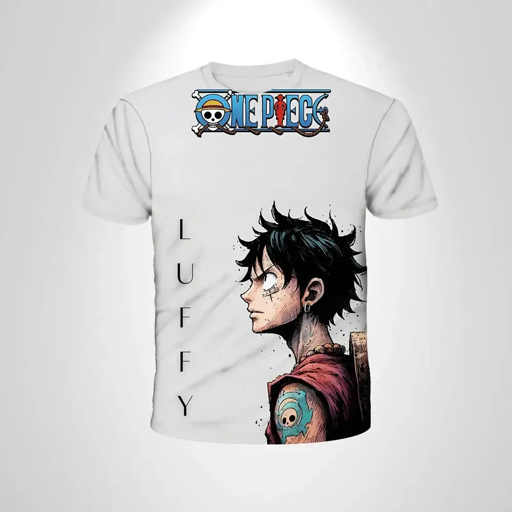 A black loose-fit One Piece Luffy T-shirt featuring a cartoon cosplay graphic of Monkey D. Luffy for men and boys.