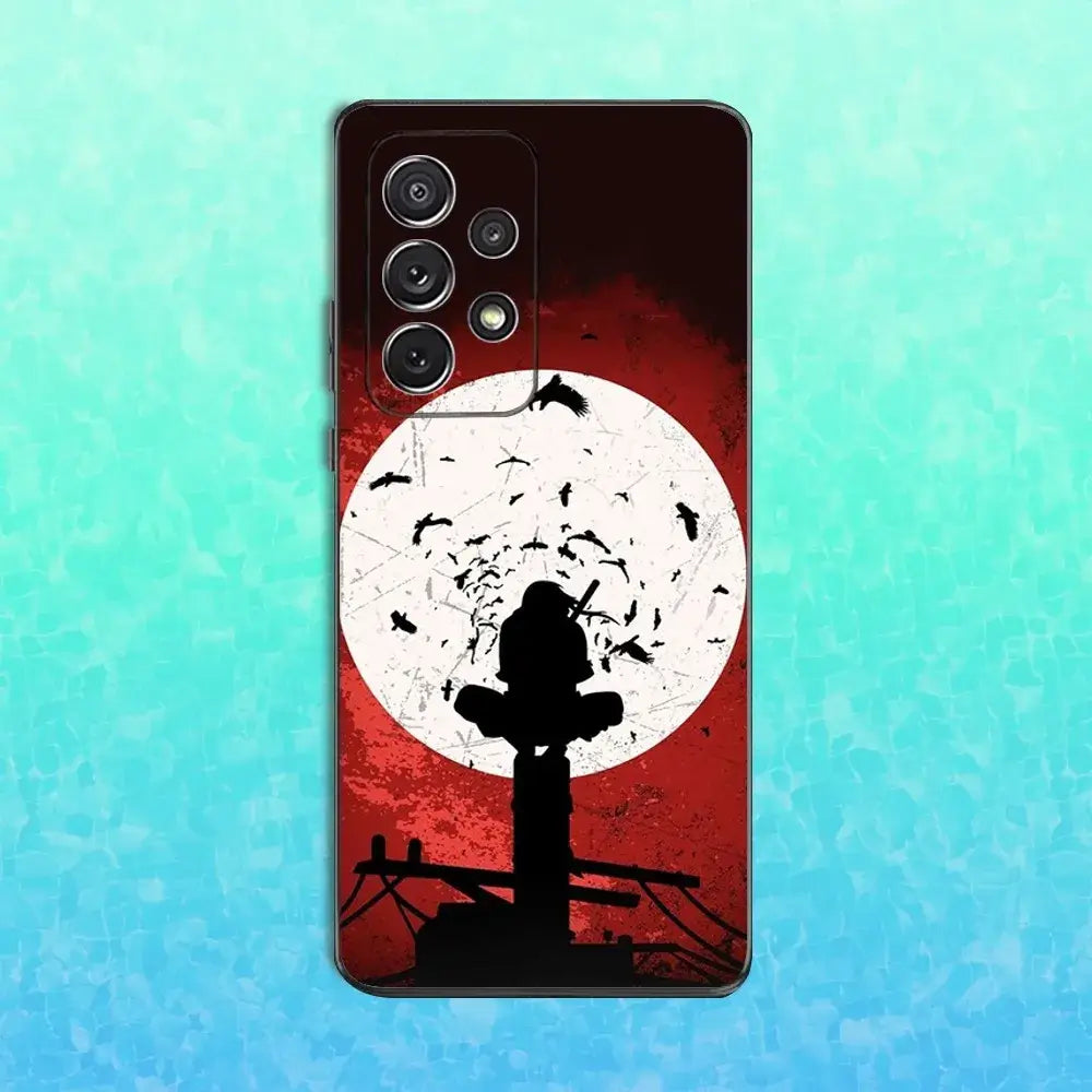 A black soft silicone Itachi Phone Case featuring Uchiha anime art, compatible with Samsung Galaxy S25, S24, S23, S22 Ultra and Plus models.