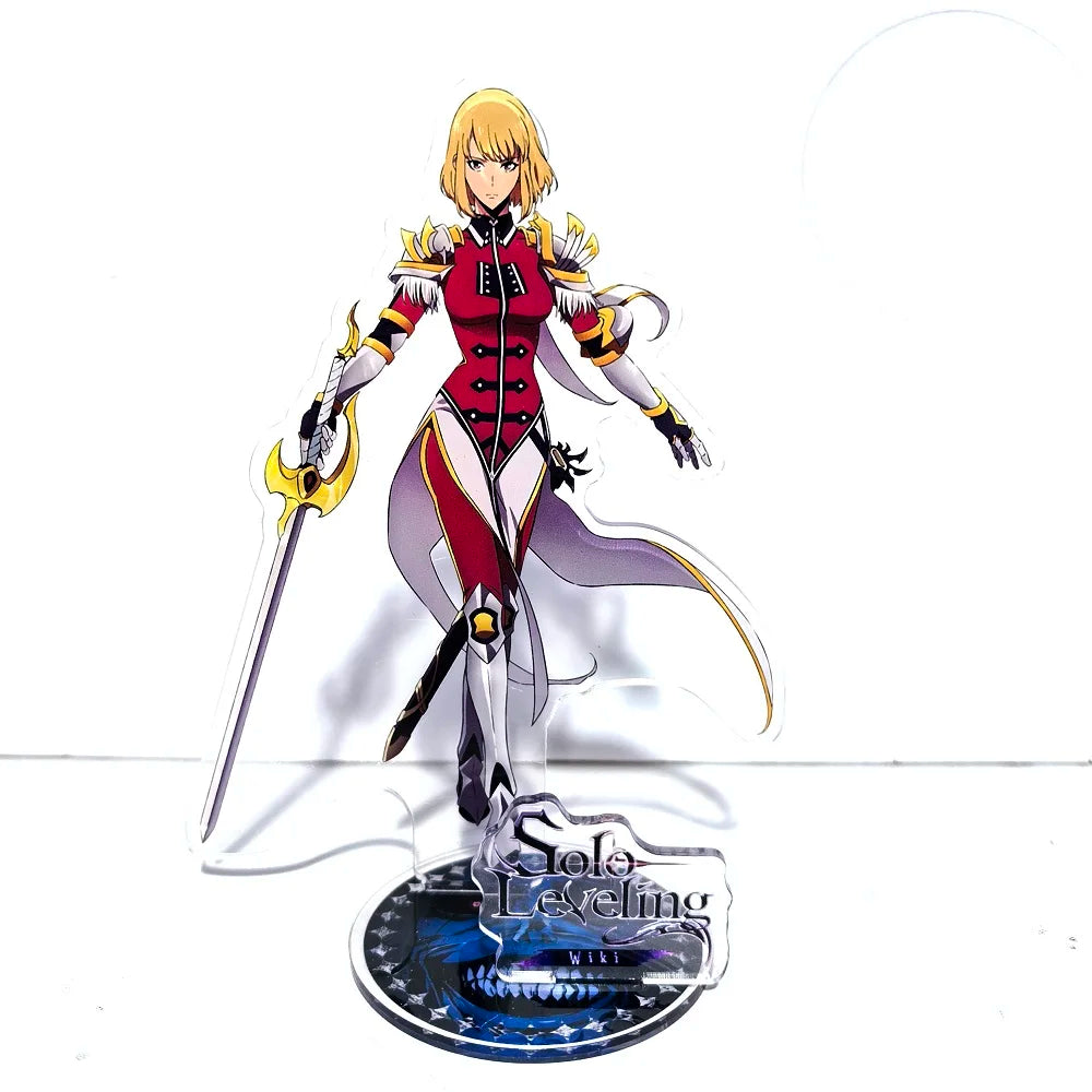 A high-definition 15cm Solo Leveling Acrylic Stand featuring Sung Jinwoo, Sung Jin Ah, and Yoo Jin Ho anime action figures for desk decoration.