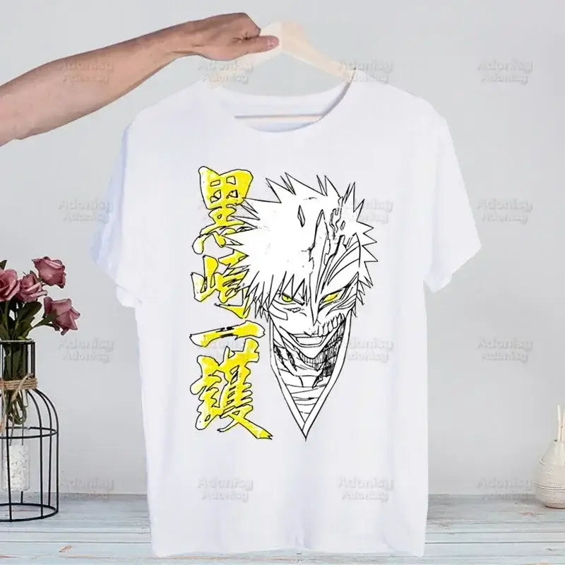 A men's Bleach Kurosaki Ichigo T-shirt in a funny Harajuku hip hop streetwear style for summer.
