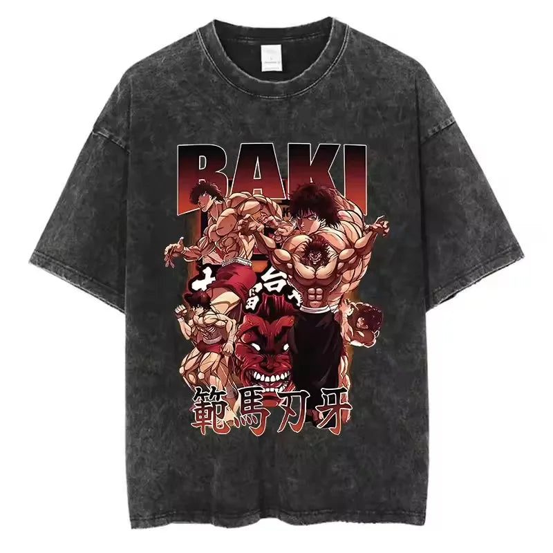 A high-quality pure cotton Baki Anime T-shirt featuring a graphic print of Baki Hanma, designed as a casual loose fit top for men and women.