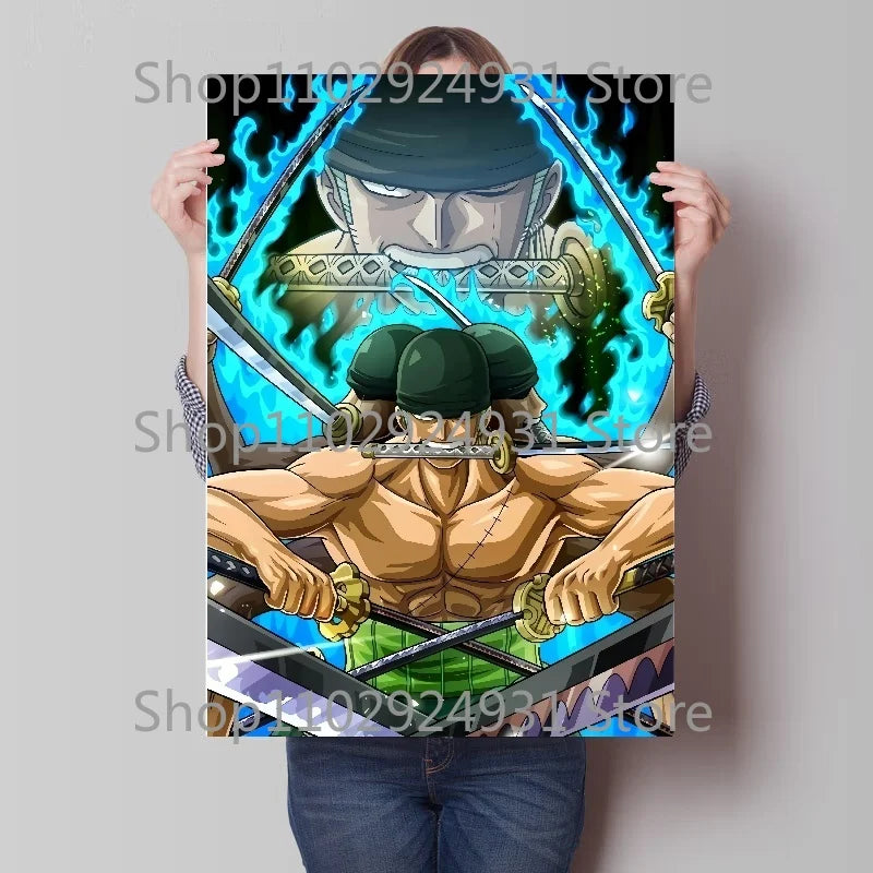 A colorful creative One Piece Luffy Zoro Poster printed on high-definition canvas, displayed as modern home wall art decoration.
