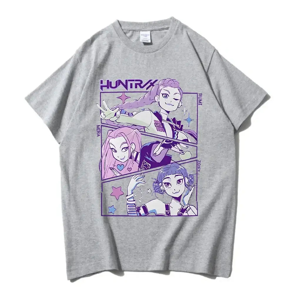 KPop Devil Hunter T-shirt in 100% pure cotton, featuring a fashionable graphic for a unisex casual summer look for men and women.