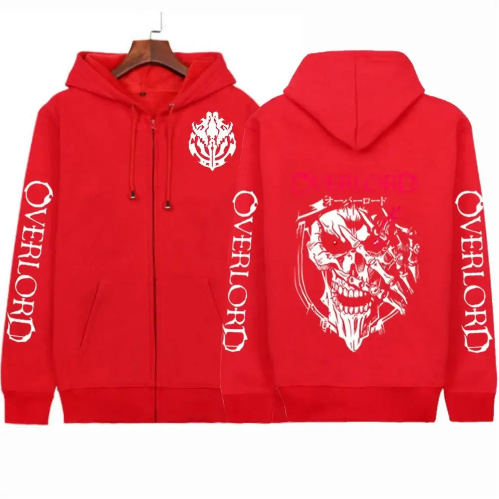 A unisex Overlord Cosplay Horror Skull Hoodie with a zip-up front, designed as Harajuku sportswear.