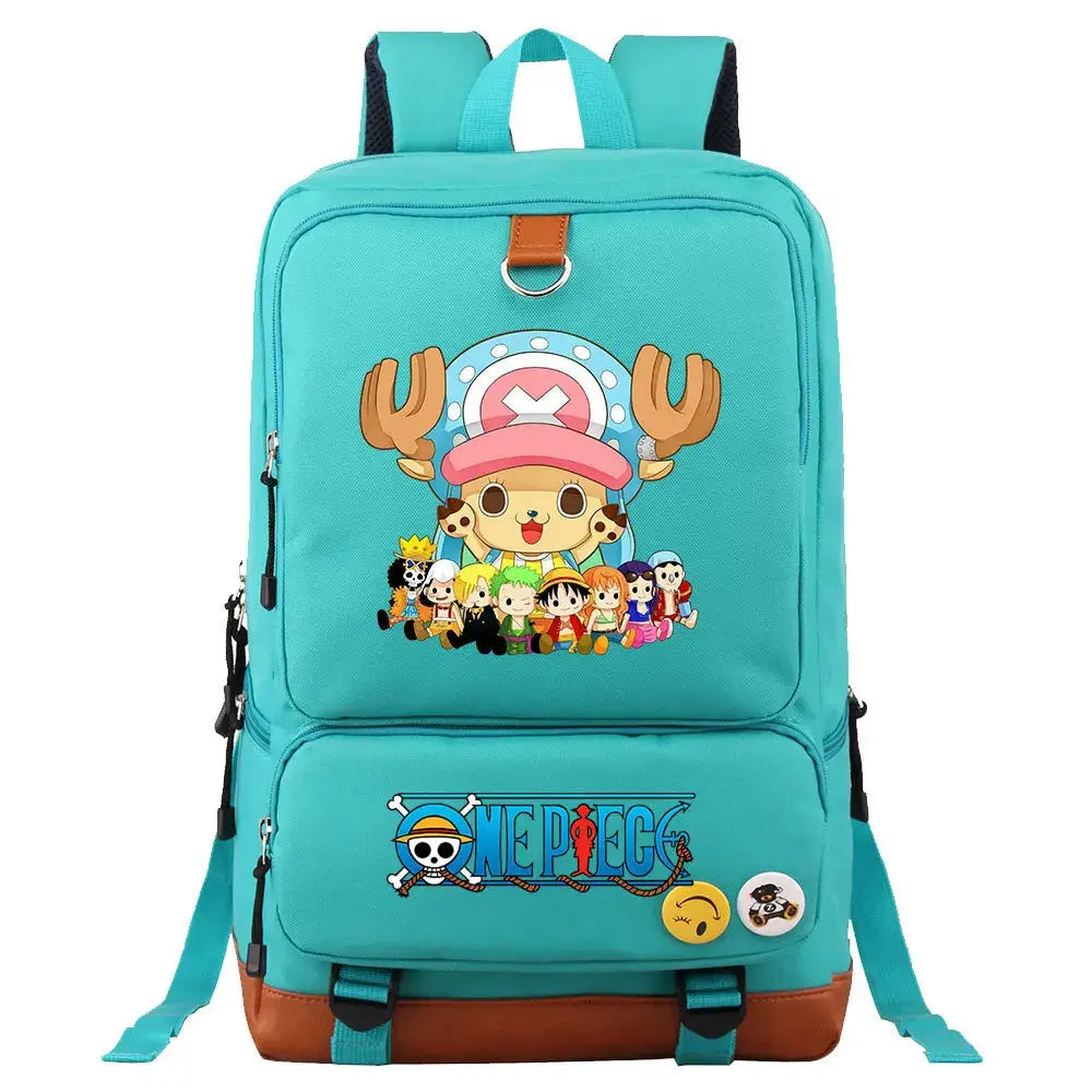 A large, unisex One Piece Luffy Printed Unisex Backpack suitable for school and travel, with compartments for a laptop and iPad.