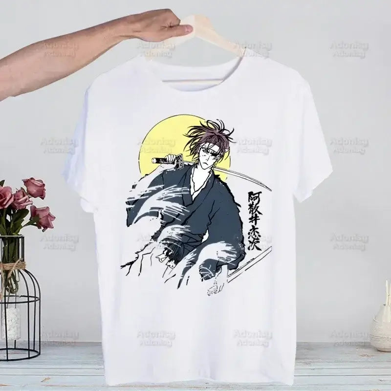 A men's Bleach Kurosaki Ichigo T-shirt in a funny Harajuku hip hop streetwear style for summer.