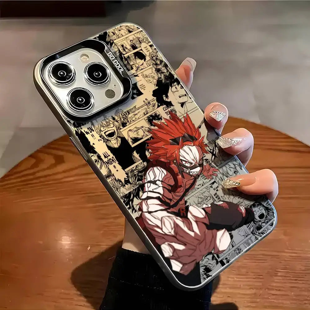 A shockproof Eijiro Kirishima Phone Case featuring a multicolor aurora laser finish and Red Riot anime art, compatible with Apple iPhone 16, 15, and 14 Pro Max.