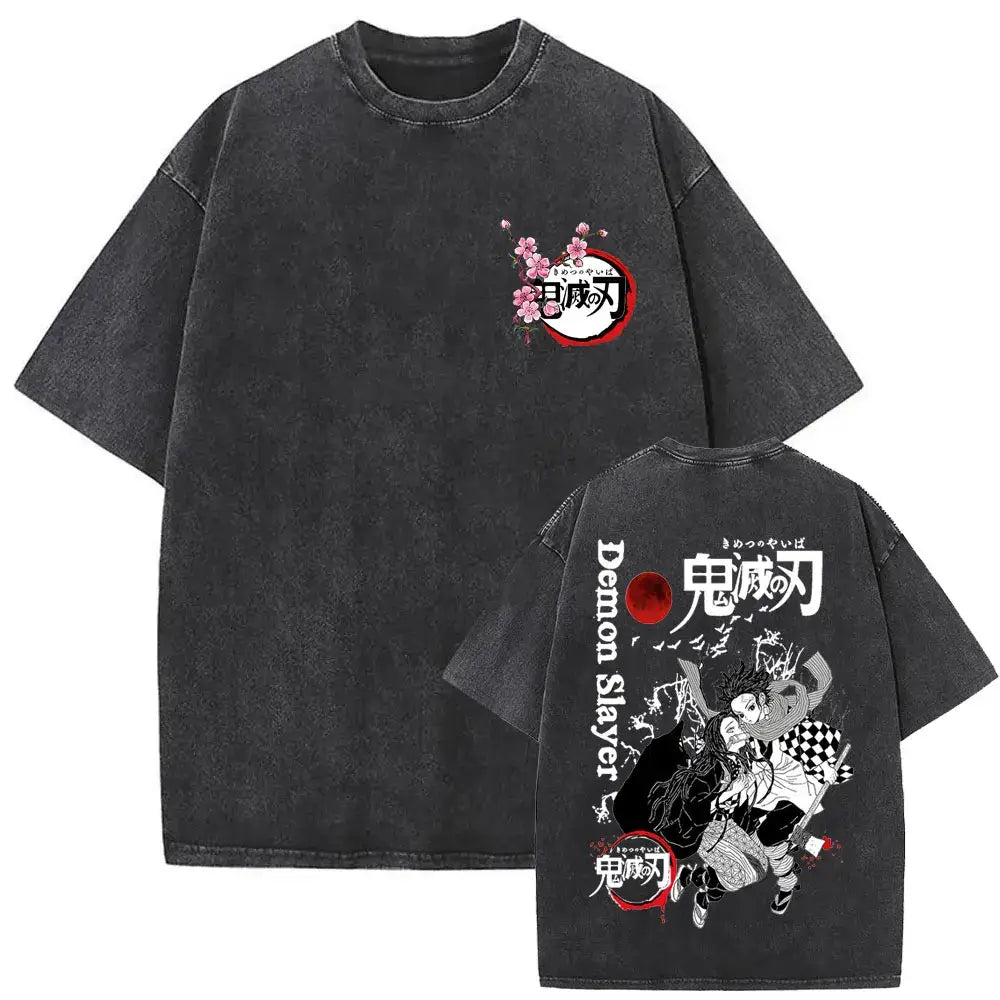 A vintage washed Demon Slayer Daki Graphic T-shirt with a cherry blossom design, an oversized casual cotton tee for men and women.