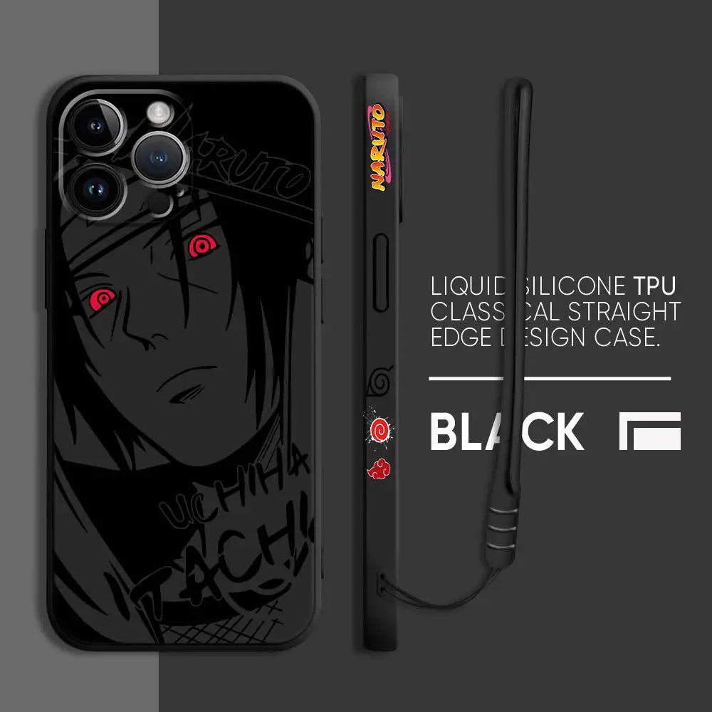 A premium Kakashi Itachi Phone Case featuring square liquid silicone design and anime art for Apple iPhone 15, 14, and 13 Pro Max.