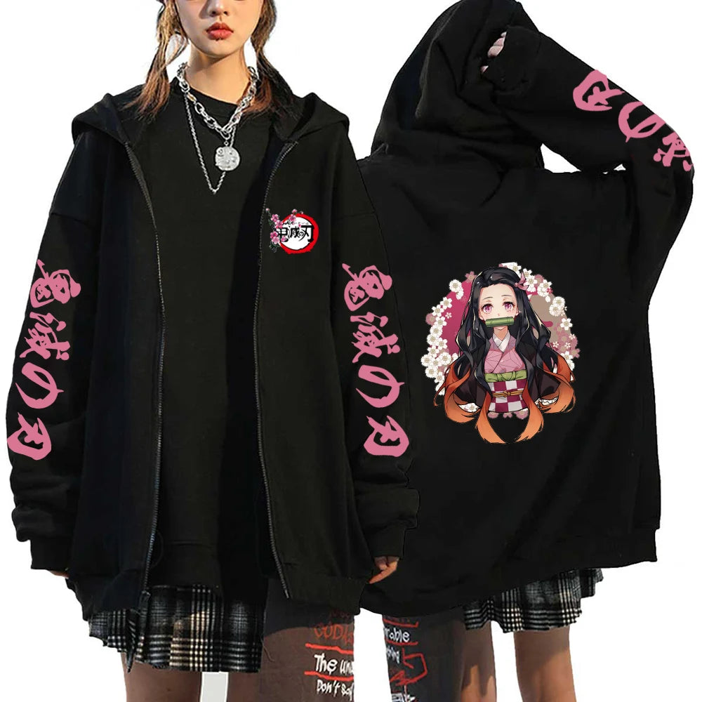 A Y2K style Demon Slayer Zip Up Hoodie featuring a Nezuko Kamado graphic, unisex hip hop streetwear for men and women.