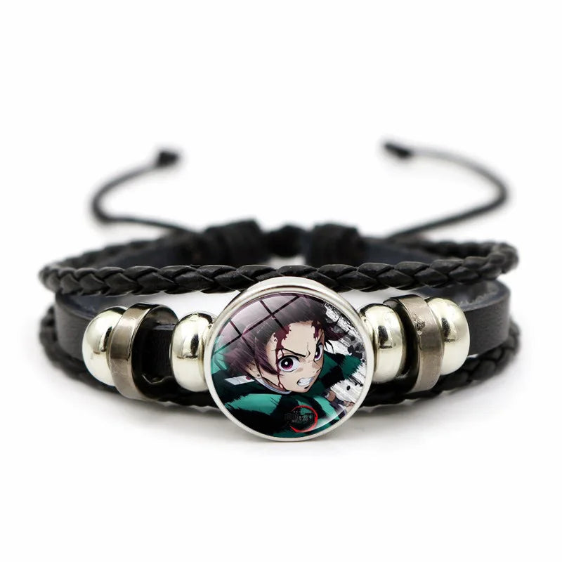 A woven leather Demon Slayer Bracelet featuring a glass art photo charm of Tanjiro Kamado and Nezuko, designed as an anime accessory for fans.