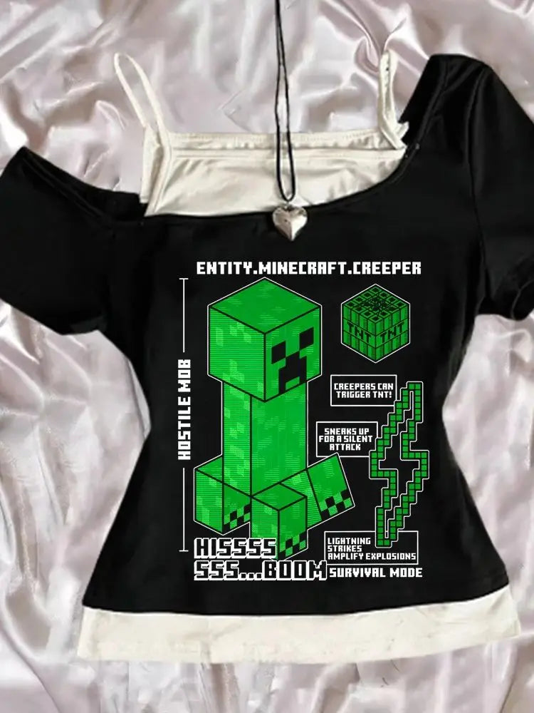 A model wearing the Punk Gothic Slim Baby Tee, a Y2k fake two-piece off-shoulder top in a Harajuku streetwear style.