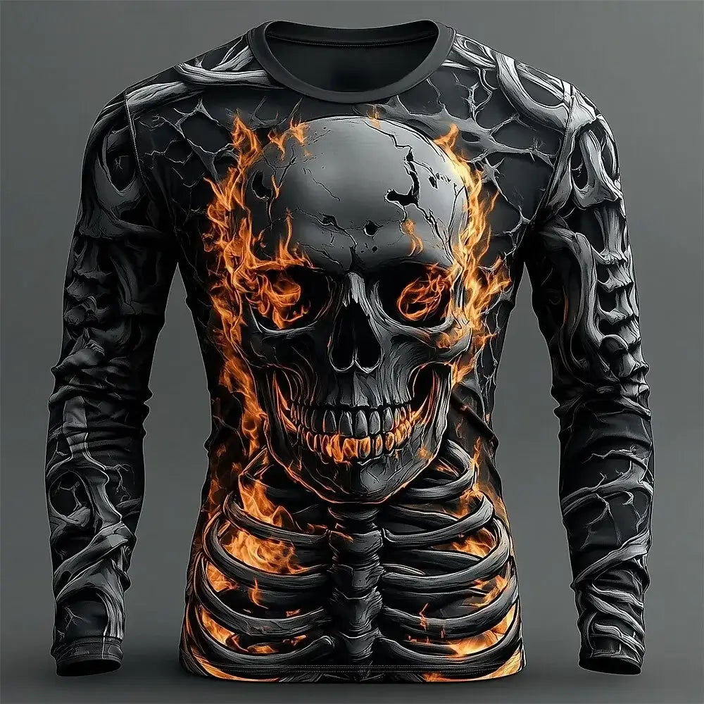 A man wearing the oversized Creative Design 3D Skull Print Men's T-Shirt with long sleeves.