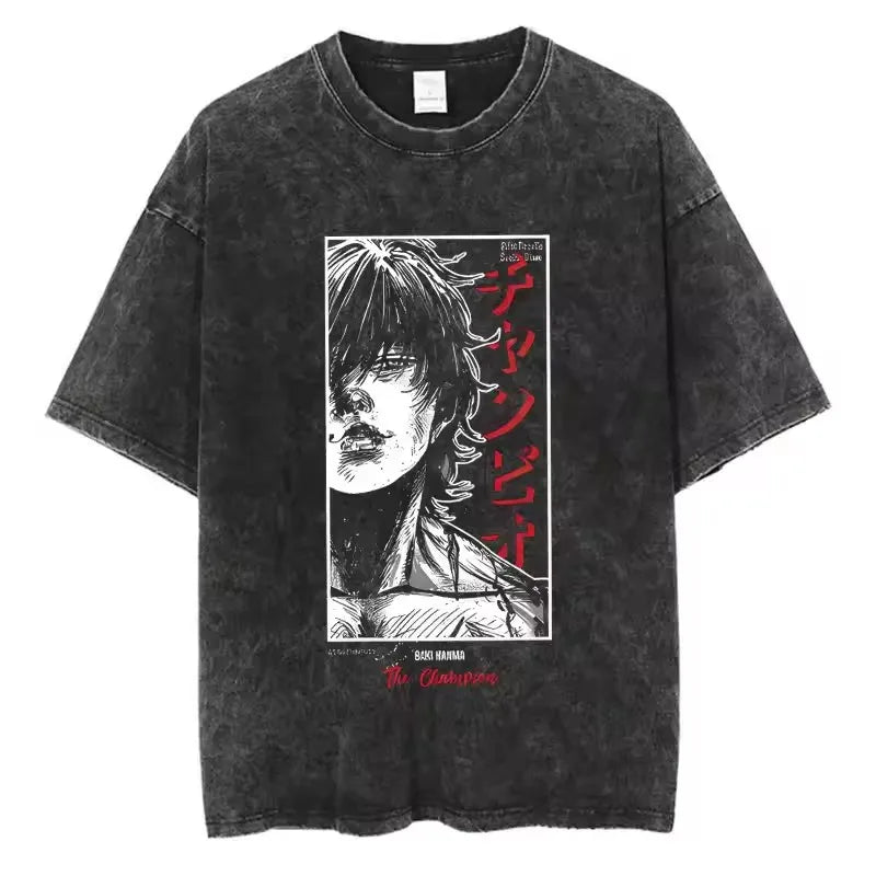 A high-quality pure cotton Baki Anime T-shirt featuring a graphic print of Baki Hanma, designed as a casual loose fit top for men and women.