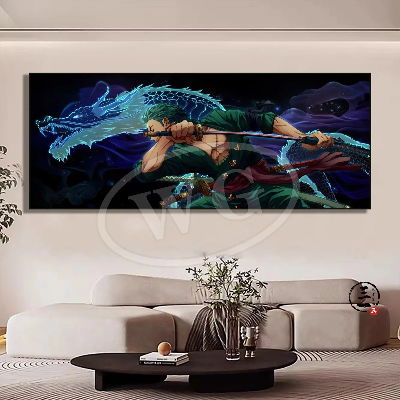 A high-quality One Piece decorative painting featuring Monkey D. Luffy, Roronoa Zoro, and Portgas D. Ace as a sofa background wall hanging.